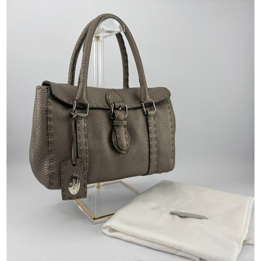 Fendi Selleria Mini Linda Metallic Pewter Pebbled Leather Satchel Sterling Tag - Picture 2 of 14